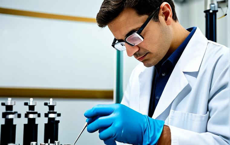 A focused professional mechanical engineer, wearing a clean, modest lab coat and safety glasses, meticulously inspecting the mirror-polished surface of a complex precision component in a well-lit, modern engineering workshop. Their hands are gloved, carefully holding the component, embodying a deep understanding of surface quality and craftsmanship. Specialized lapping or polishing equipment is visible in the background, subtly out of focus. The scene conveys dedication and expertise. Perfect anatomy, correct proportions, natural pose, well-formed hands, proper finger count, natural body proportions. Safe for work, appropriate content, fully clothed, professional.