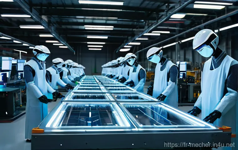 기계설계와 산업용 로봇 설계 기술 - **Prompt:** A futuristic, ultra-clean industrial assembly line operating with seamless efficiency. S...