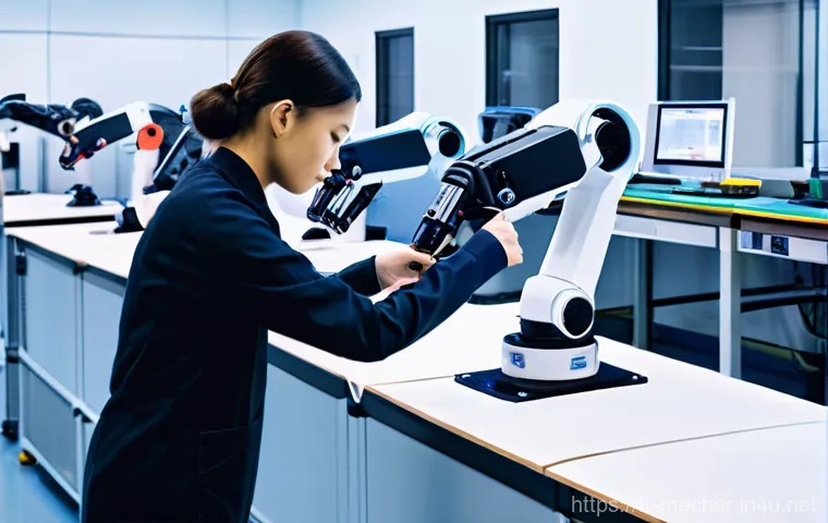 기계설계와 산업용 로봇 설계 기술 - **Prompt:** A futuristic, ultra-clean industrial assembly line operating with seamless efficiency. S...