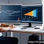 Home 20 기계설계분야에서의 블로그 운영 팁 - A professional workspace scene showing a mechanical engineer at a desk, analyzing a detailed CAD mod...