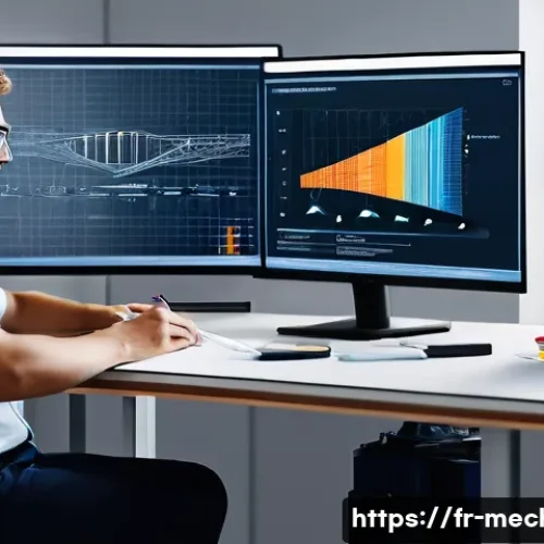 Home 32 기계설계분야에서의 블로그 운영 팁 - A professional workspace scene showing a mechanical engineer at a desk, analyzing a detailed CAD mod...