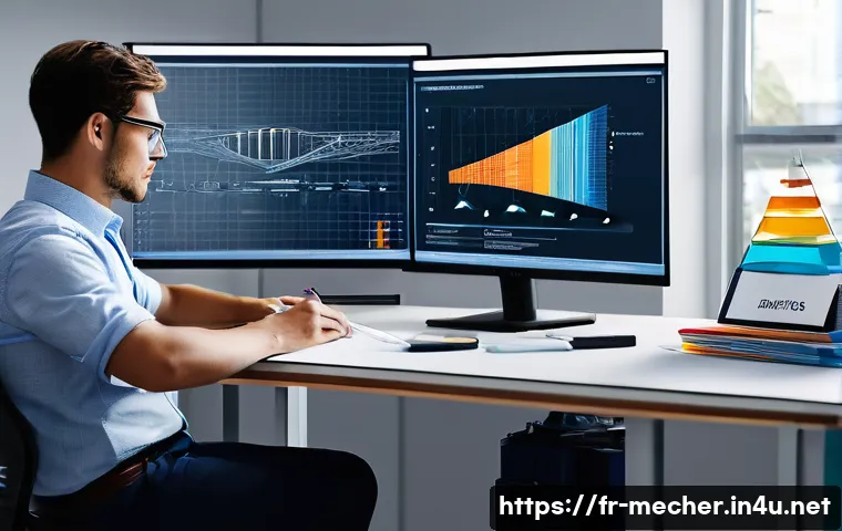 기계설계분야에서의 블로그 운영 팁 - A professional workspace scene showing a mechanical engineer at a desk, analyzing a detailed CAD mod...