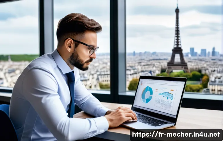 기계설계기사 연봉 협상 전략 - A professional mechanical engineer in a modern French office setting, reviewing salary reports and e...