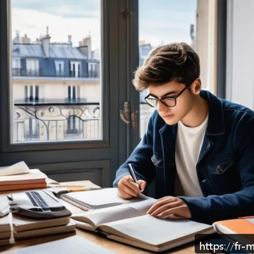 기계설계기사 자격증 취득 실패 후 재도전 - A focused study scene showing a young French student at a modern desk in a cozy Parisian apartment, ...