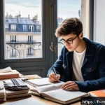 Home 23 기계설계기사 자격증 취득 실패 후 재도전 - A focused study scene showing a young French student at a modern desk in a cozy Parisian apartment, ...
