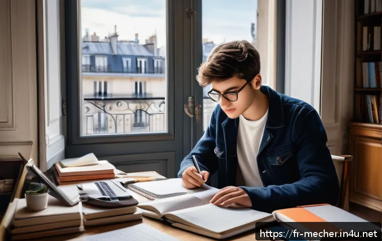 기계설계기사 자격증 취득 실패 후 재도전 - A focused study scene showing a young French student at a modern desk in a cozy Parisian apartment, ...